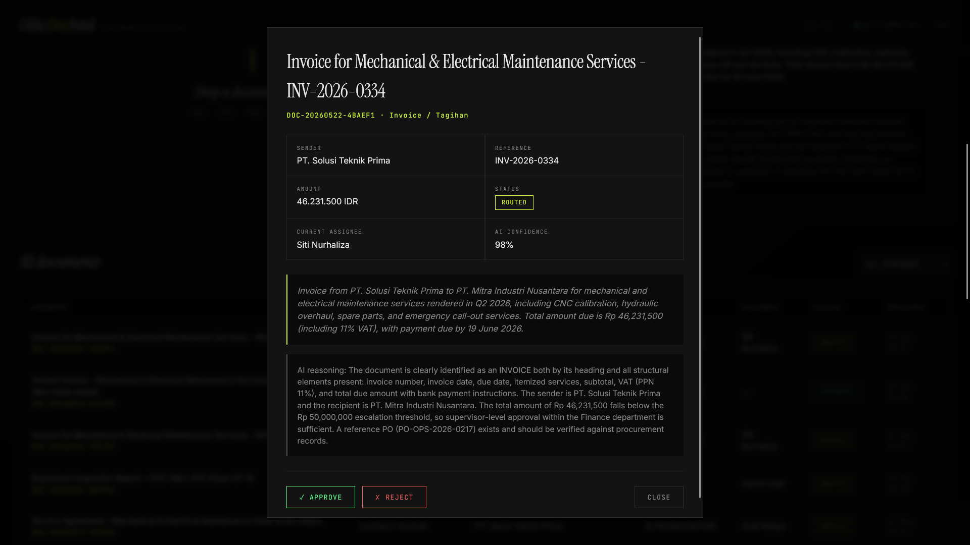 DocIntel Module 1 — 98% AI Confidence Classification Result